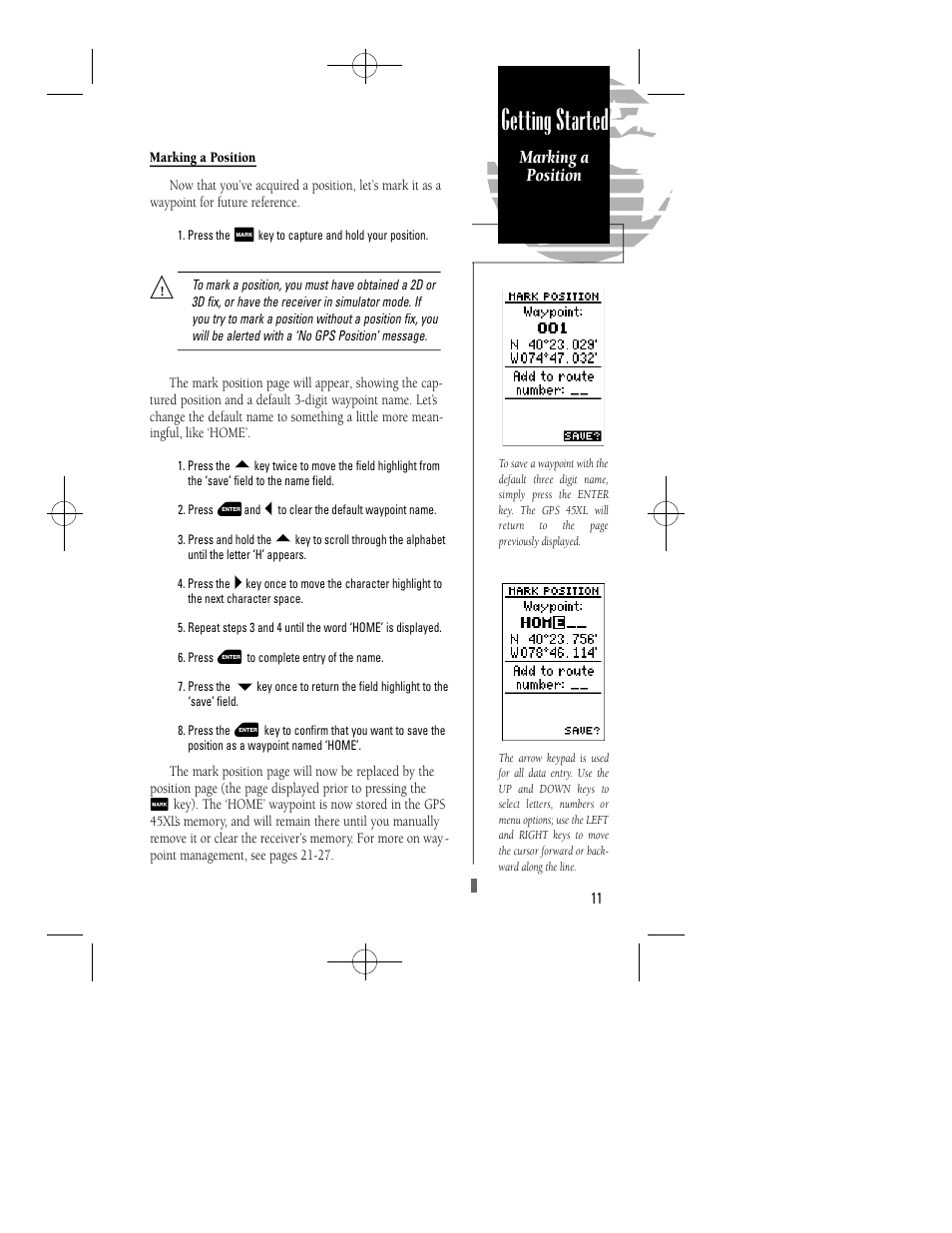 Getting started, Marking a position | Garmin GPS 45XL User Manual | Page 15 / 68