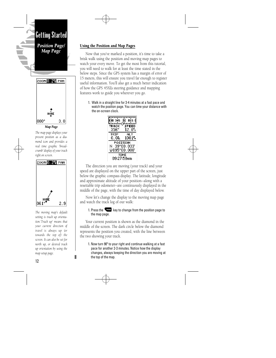 Getting started, Position page/ map page | Garmin GPS 45XL User Manual | Page 16 / 68