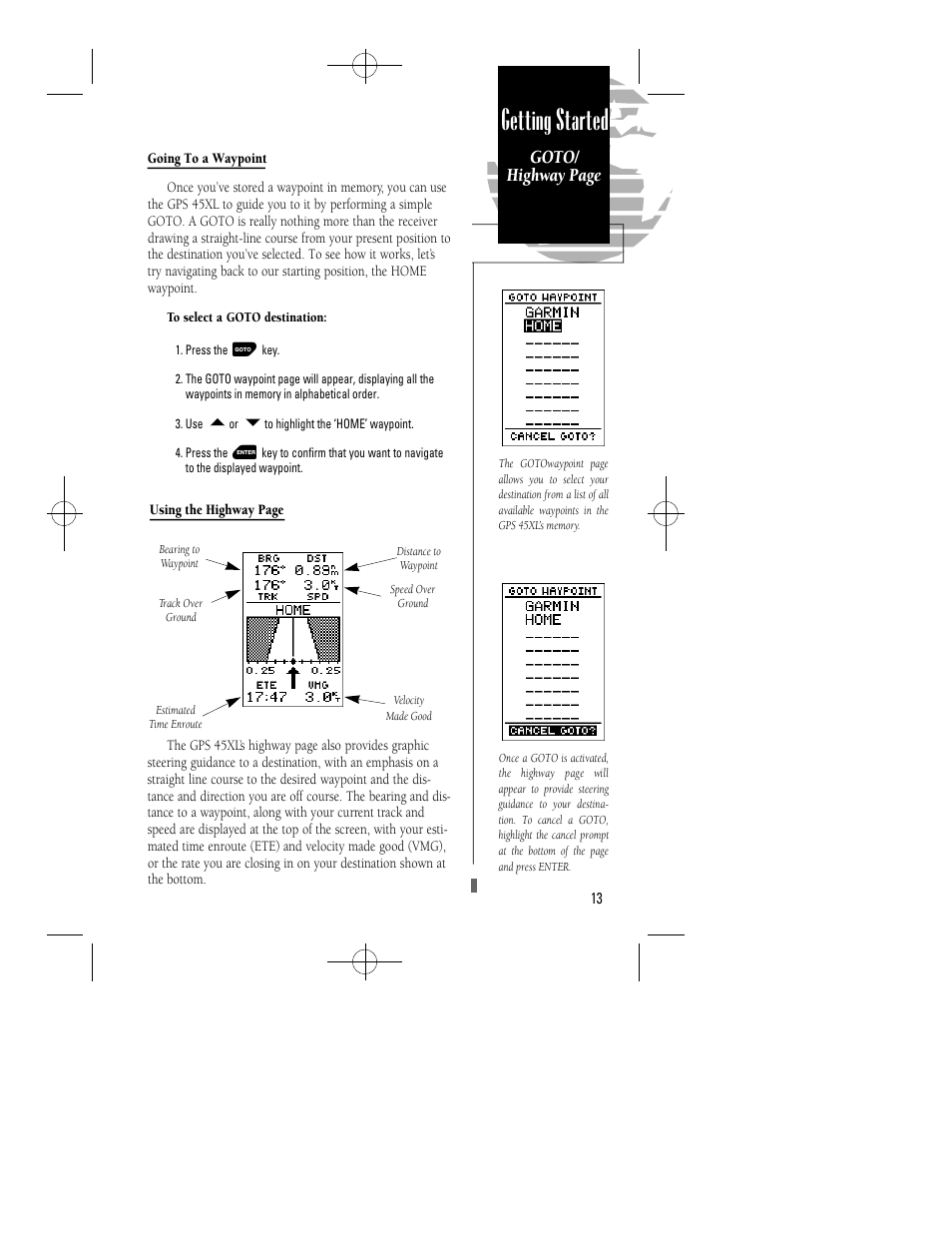 Getting started, Goto/ highway page | Garmin GPS 45XL User Manual | Page 17 / 68