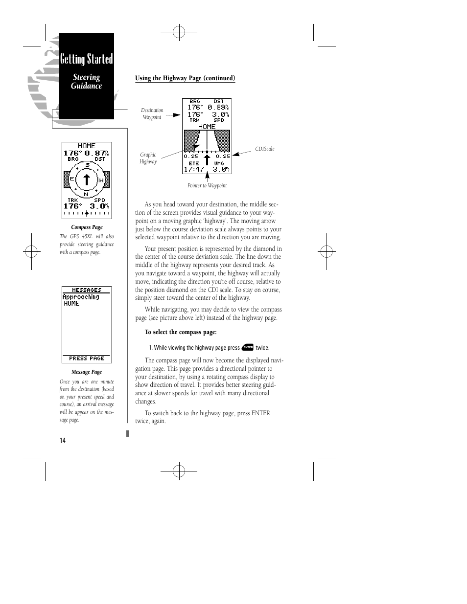 Getting started, Steering guidance | Garmin GPS 45XL User Manual | Page 18 / 68