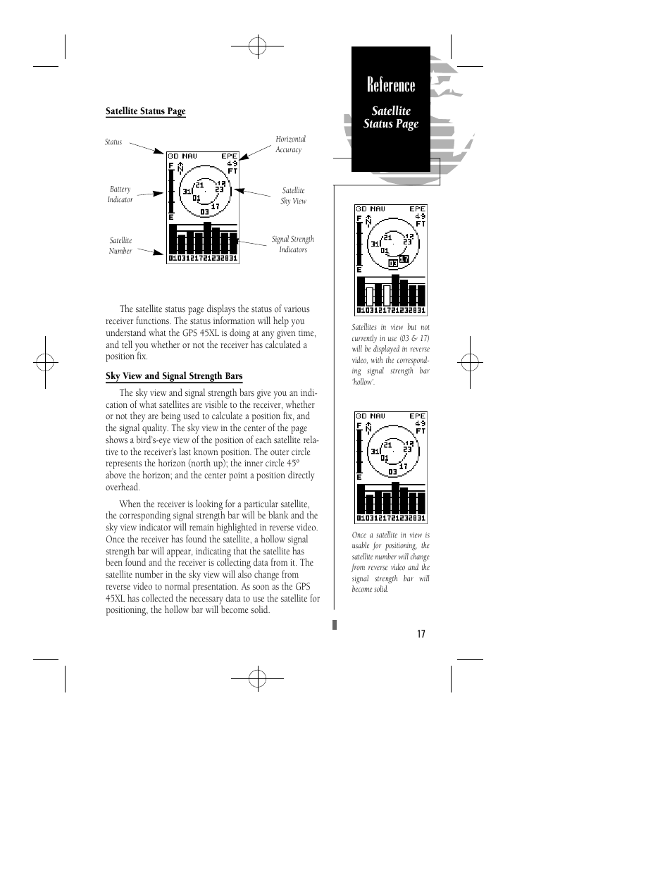 Reference, Satellite status page | Garmin GPS 45XL User Manual | Page 21 / 68