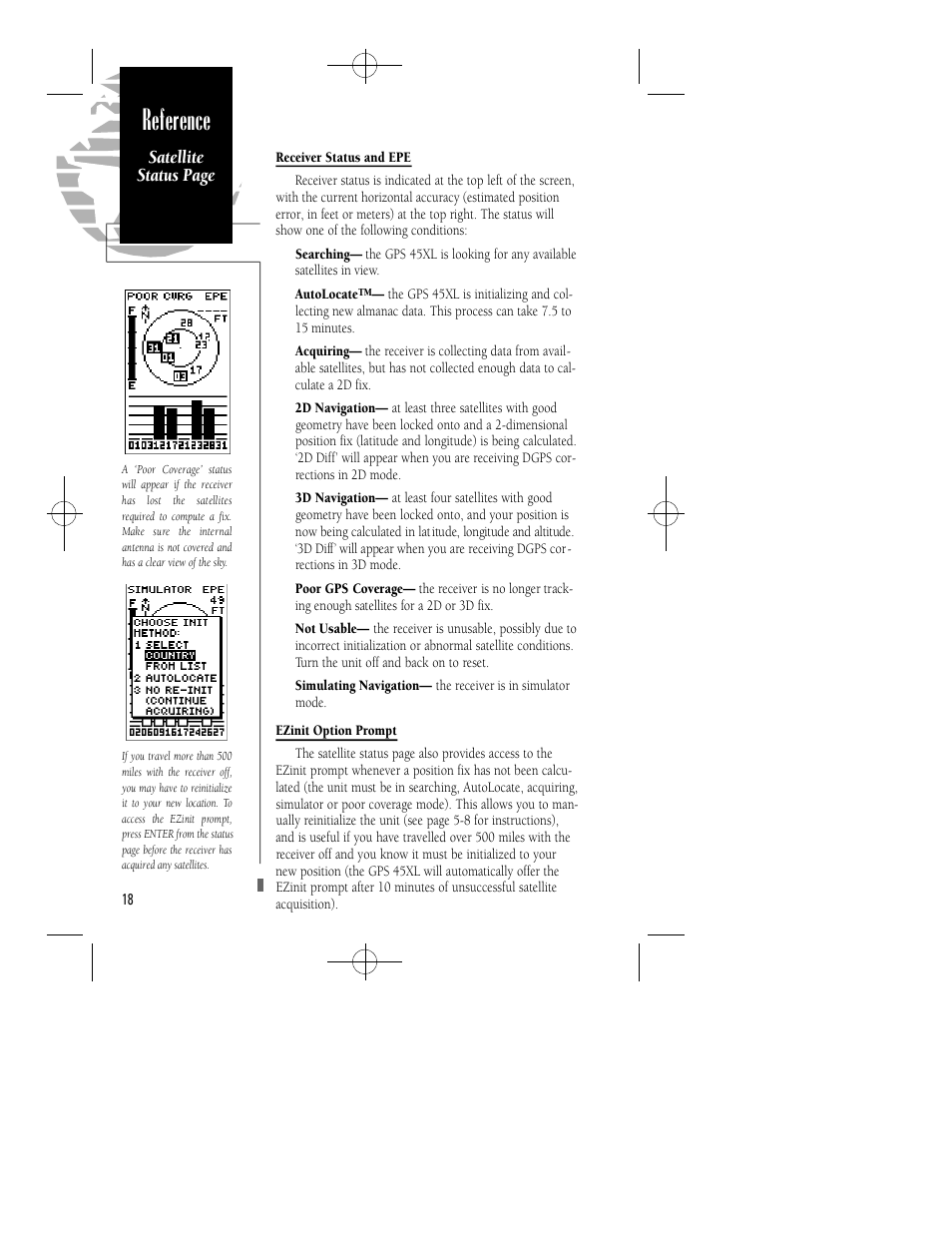 Reference, Satellite status page | Garmin GPS 45XL User Manual | Page 22 / 68