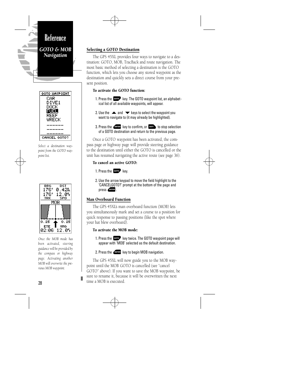 Reference, Goto & mob navigation | Garmin GPS 45XL User Manual | Page 32 / 68