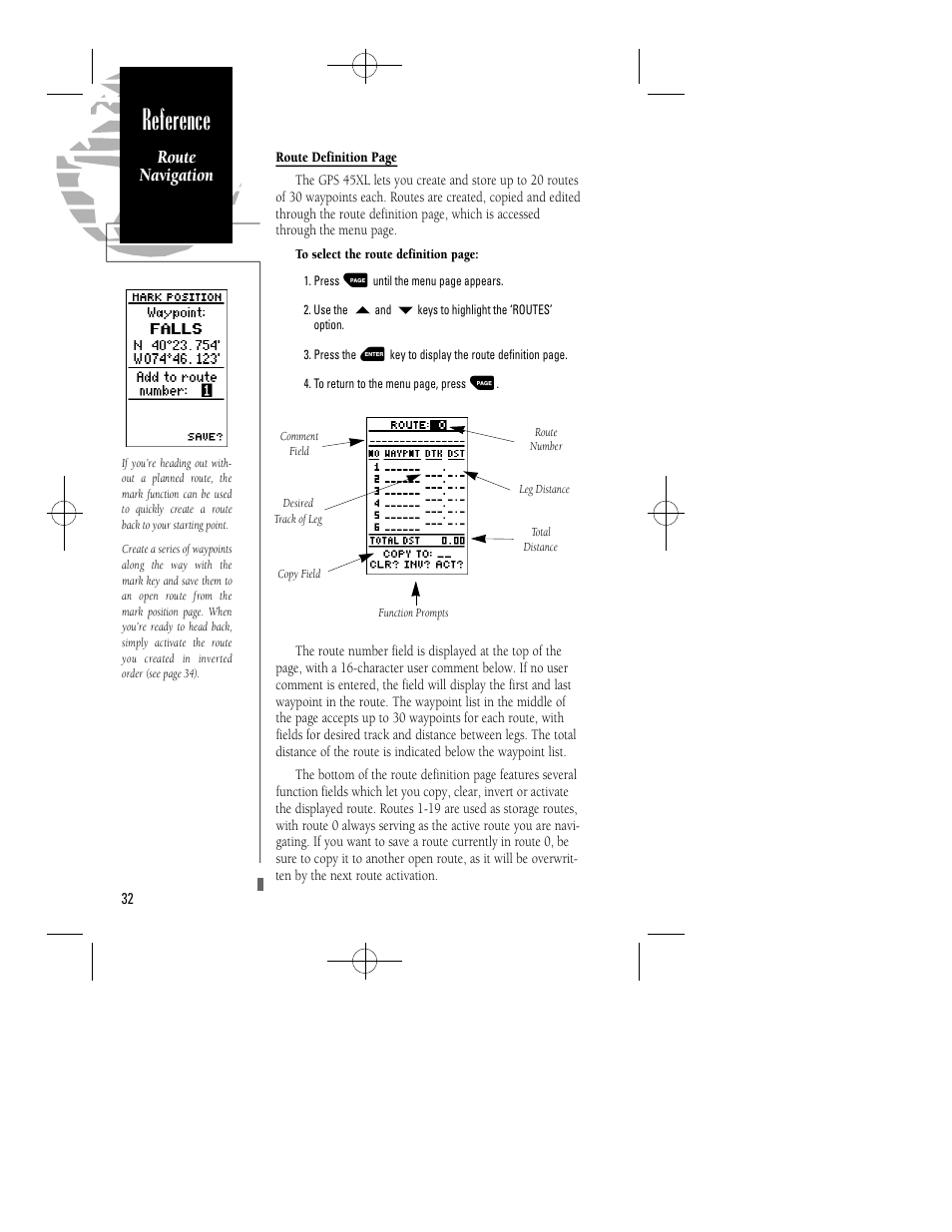 Reference, Route navigation | Garmin GPS 45XL User Manual | Page 36 / 68