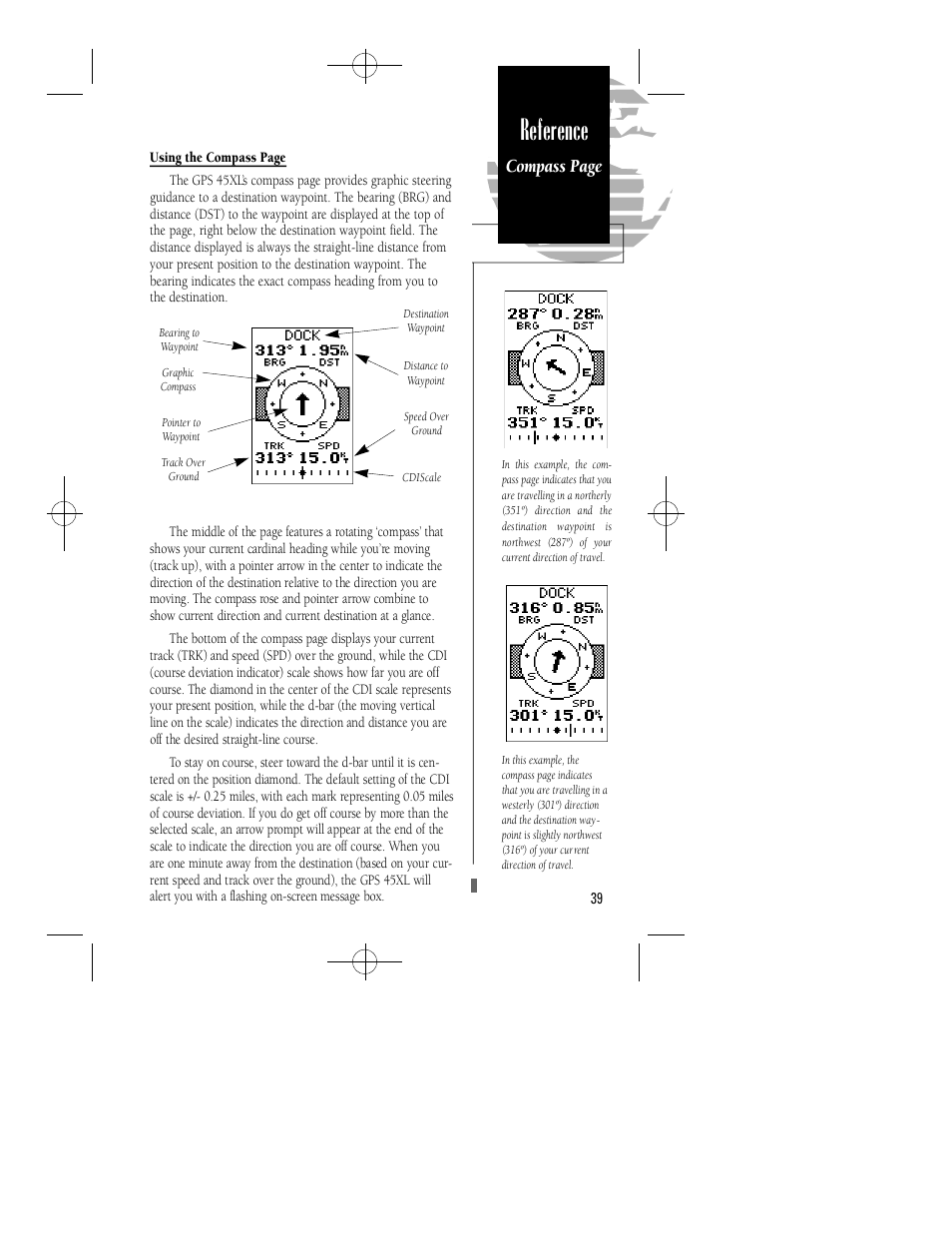 Reference, Compass page | Garmin GPS 45XL User Manual | Page 43 / 68