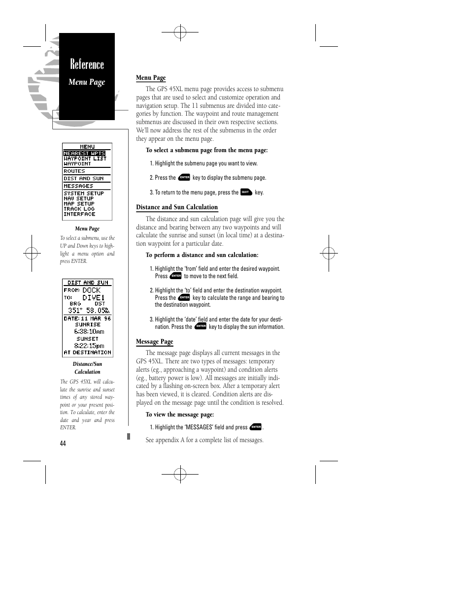 Reference, Menu page | Garmin GPS 45XL User Manual | Page 48 / 68