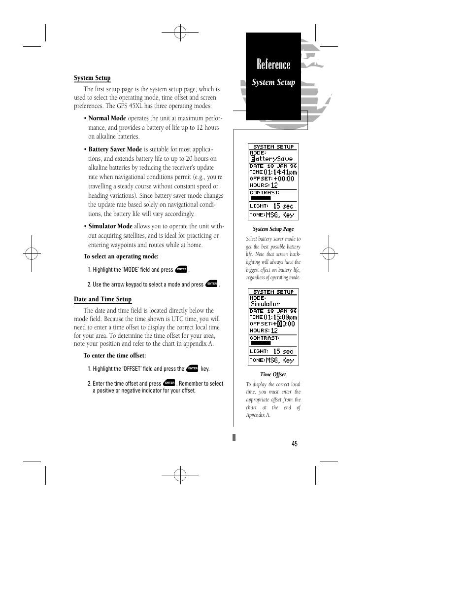 Reference, System setup | Garmin GPS 45XL User Manual | Page 49 / 68