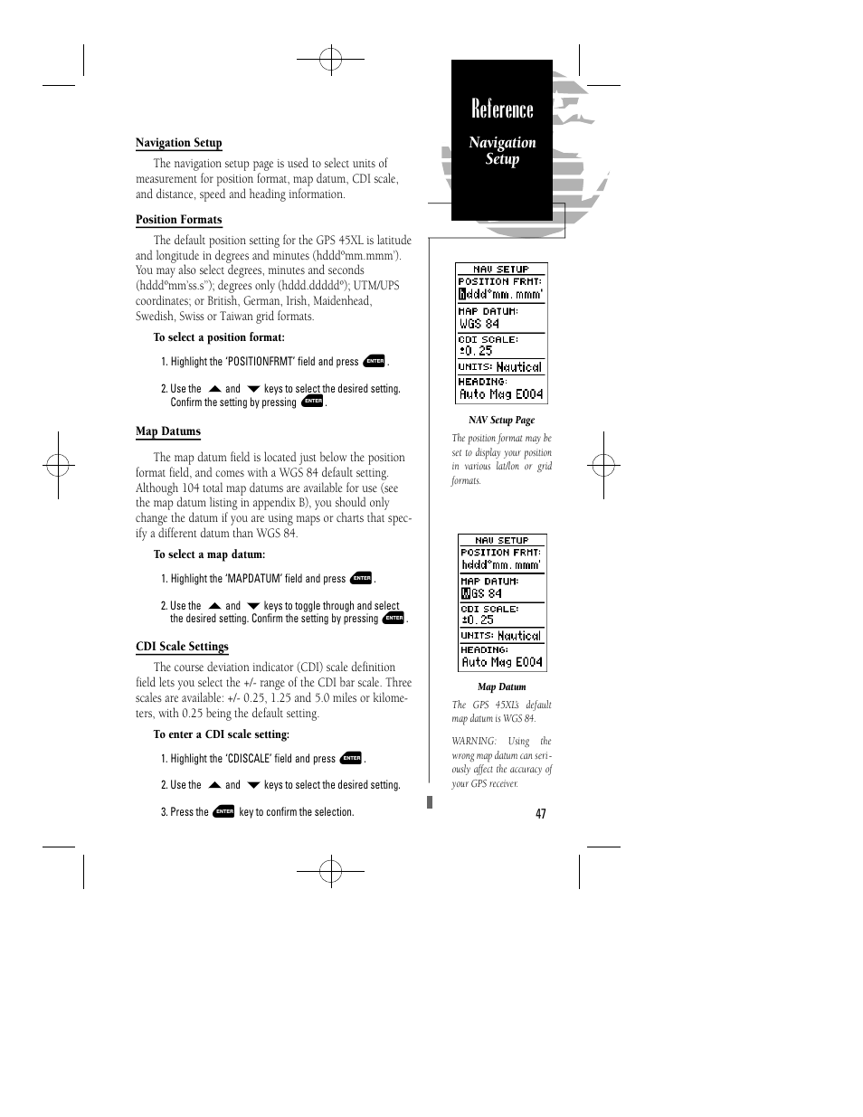 Reference, Navigation setup | Garmin GPS 45XL User Manual | Page 51 / 68