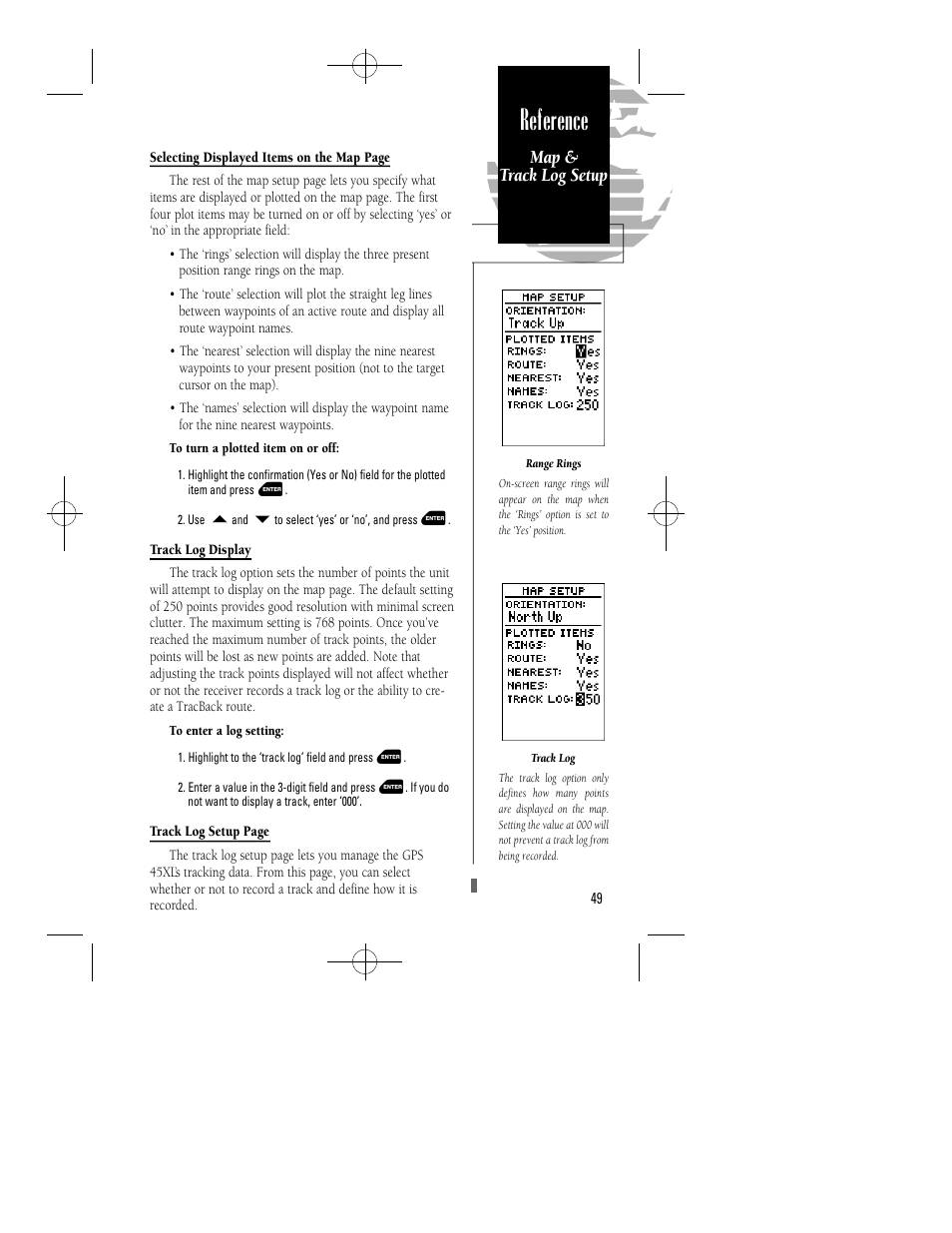 Reference, Map & track log setup | Garmin GPS 45XL User Manual | Page 53 / 68