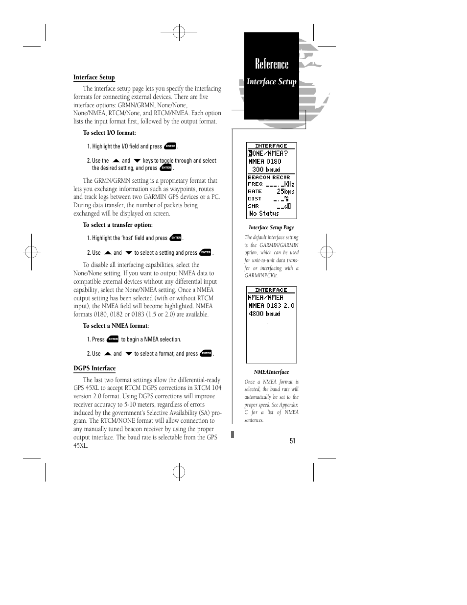 Reference, Interface setup | Garmin GPS 45XL User Manual | Page 55 / 68