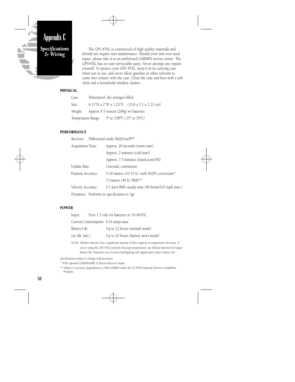 Introduction, Appendix c, Preface | Specifications & wiring | Garmin GPS 45XL User Manual | Page 62 / 68