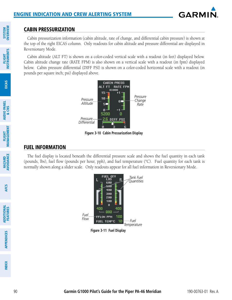 Cabin pressurization, Fuel information, Engine indication and crew alerting system | Garmin G1000 Piper PA-46 Meridian User Manual | Page 104 / 572