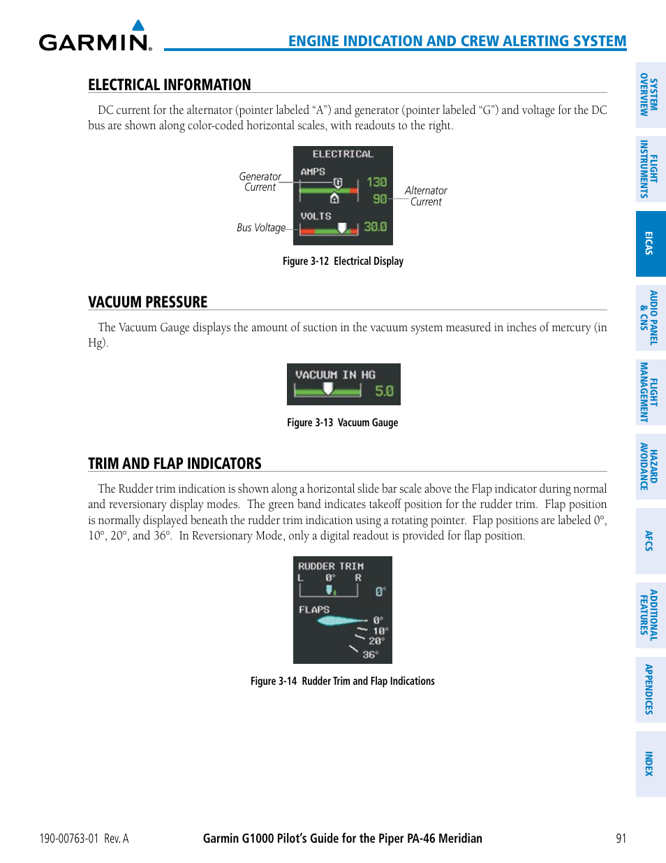 Electrical information, Vacuum pressure, Trim and flap indicators | Engine indication and crew alerting system | Garmin G1000 Piper PA-46 Meridian User Manual | Page 105 / 572