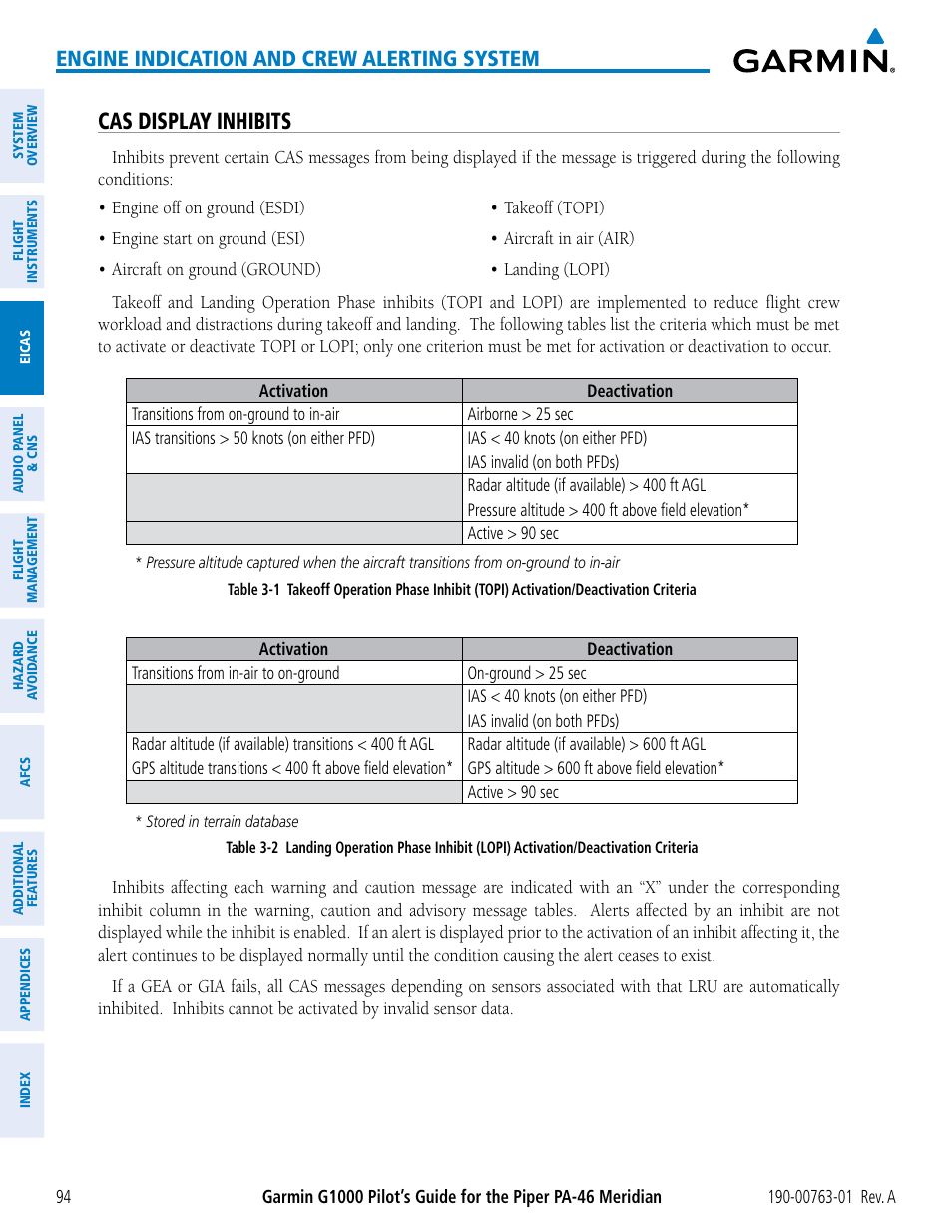 Cas display inhibits, Engine indication and crew alerting system | Garmin G1000 Piper PA-46 Meridian User Manual | Page 108 / 572