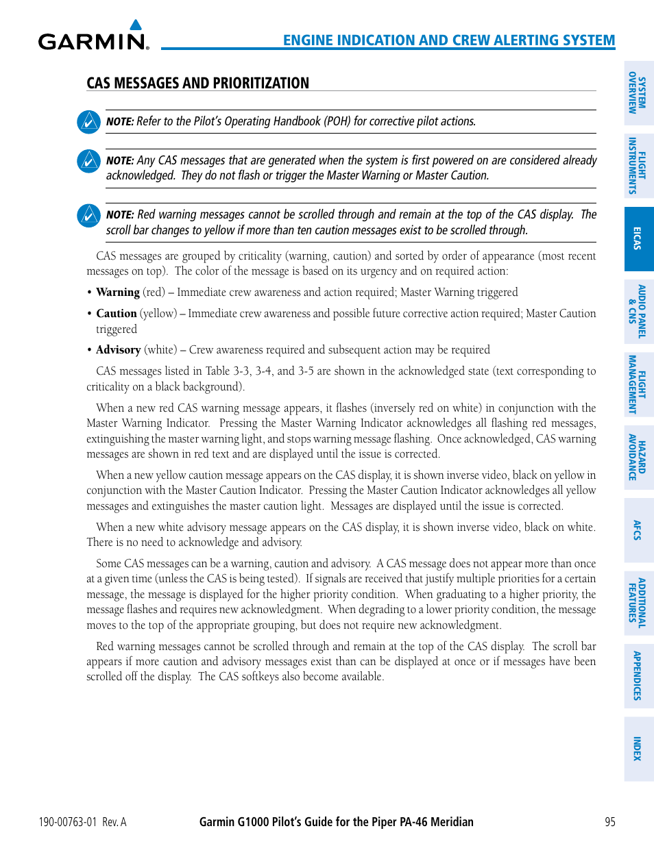 Cas messages and prioritization, Engine indication and crew alerting system | Garmin G1000 Piper PA-46 Meridian User Manual | Page 109 / 572