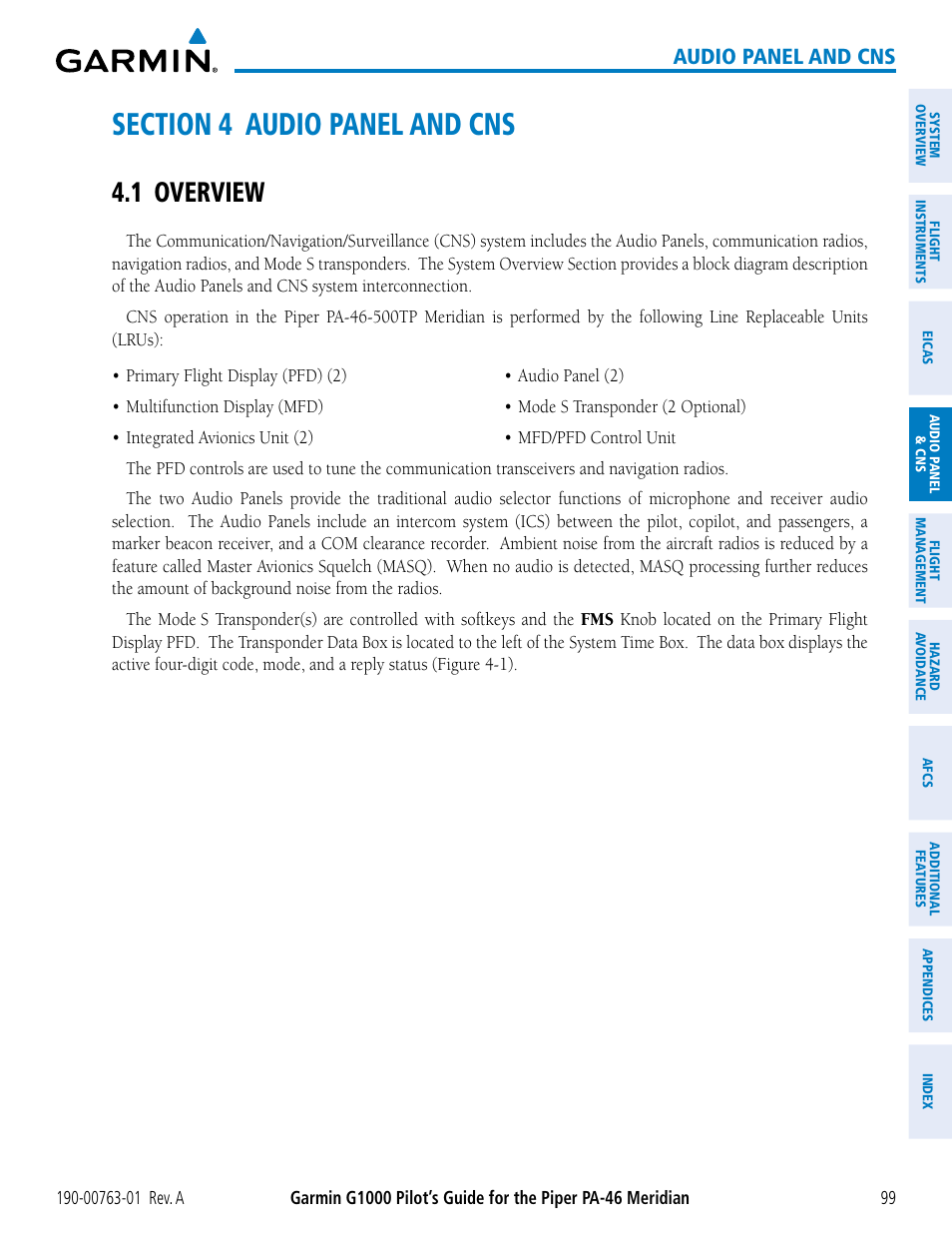 Section 4 audio panel and cns, 1 overview, Audio panel and cns | Garmin G1000 Piper PA-46 Meridian User Manual | Page 113 / 572