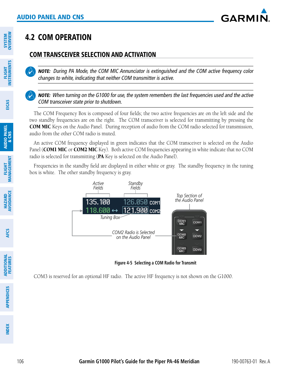 2 com operation, Com transceiver selection and activation, Audio panel and cns | Garmin G1000 Piper PA-46 Meridian User Manual | Page 120 / 572