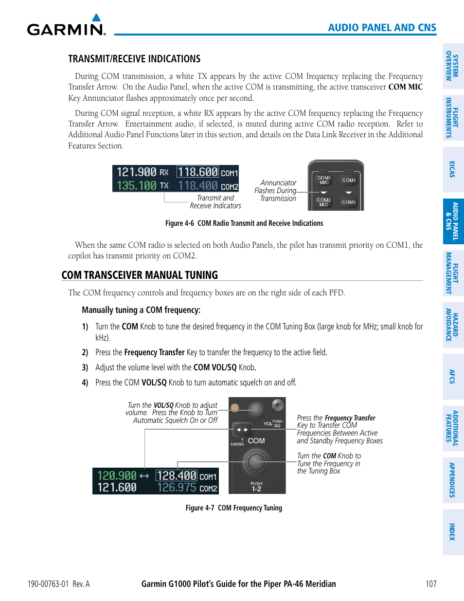 Com transceiver manual tuning, Audio panel and cns, Transmit/receive indications | Garmin G1000 Piper PA-46 Meridian User Manual | Page 121 / 572