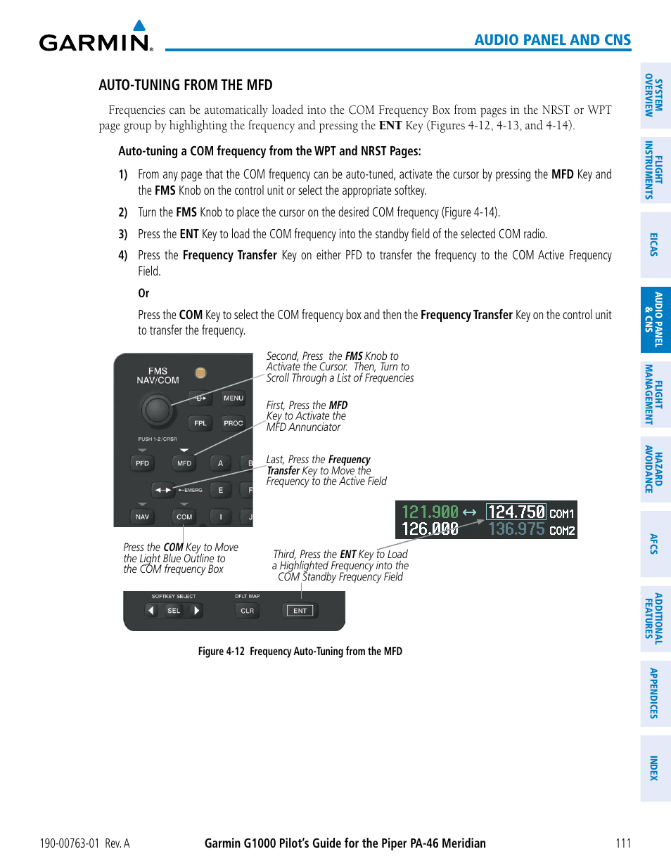 Audio panel and cns, Auto-tuning from the mfd | Garmin G1000 Piper PA-46 Meridian User Manual | Page 125 / 572