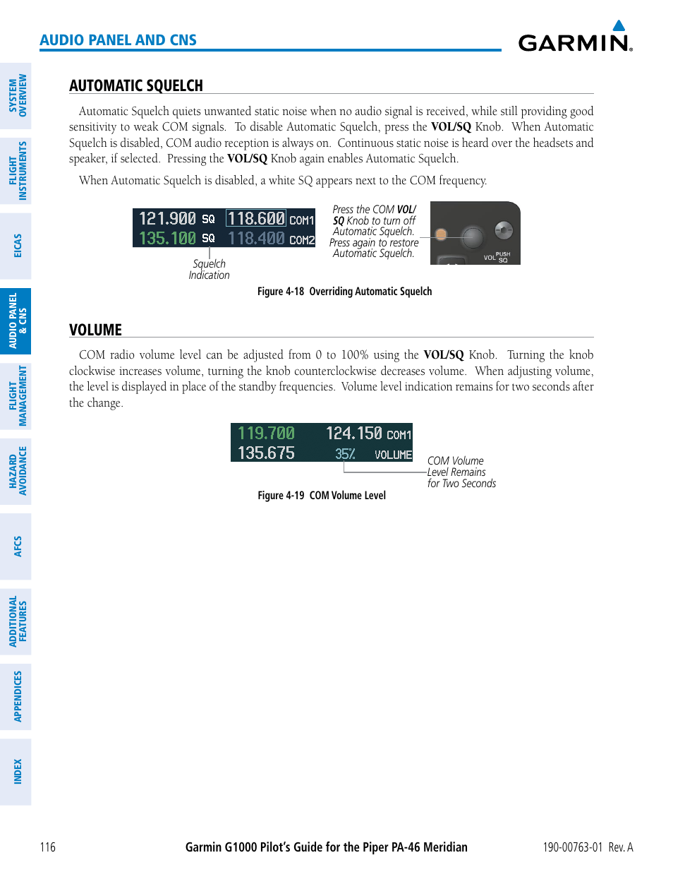 Automatic squelch, Volume, Audio panel and cns | Garmin G1000 Piper PA-46 Meridian User Manual | Page 130 / 572