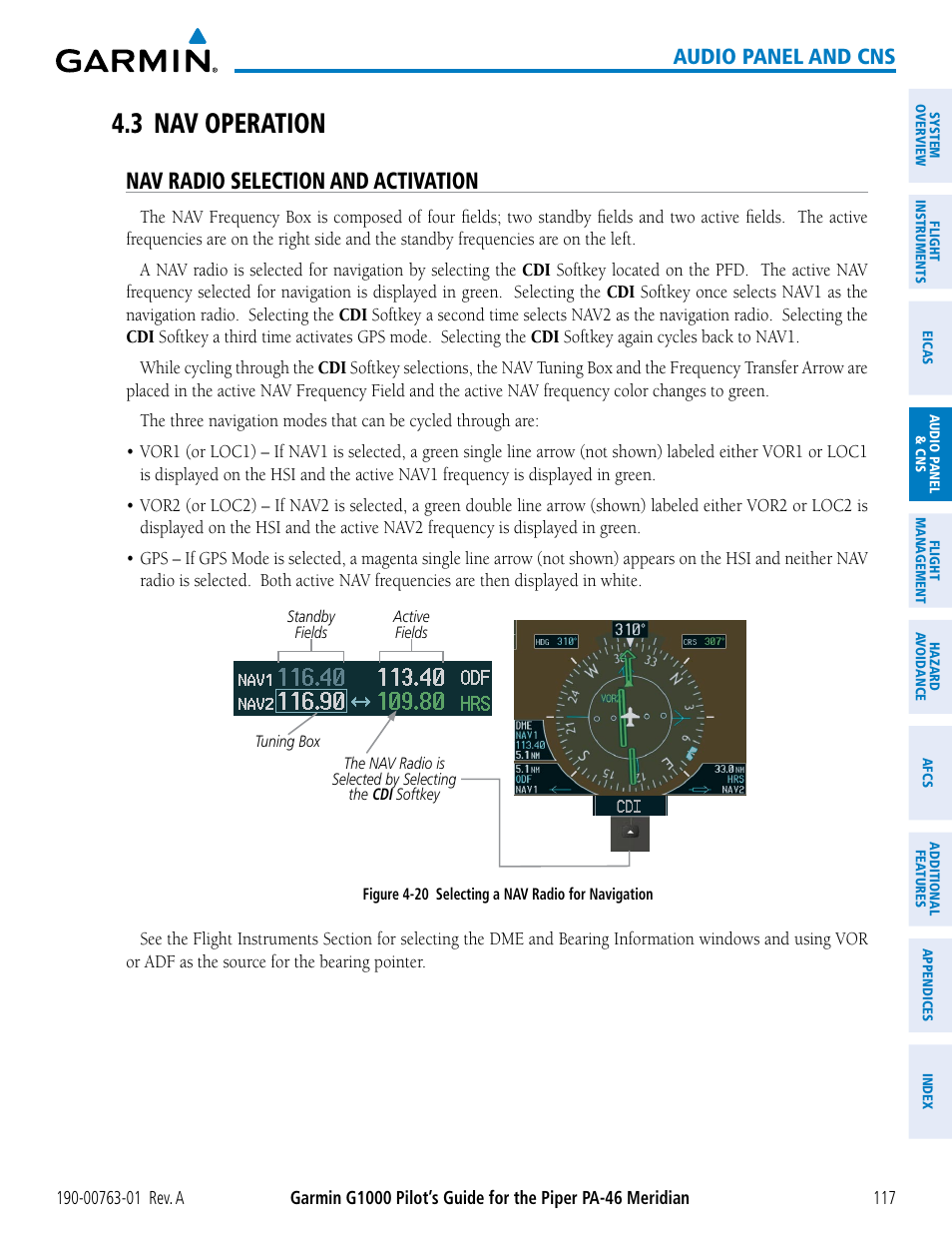 3 nav operation, Nav radio selection and activation, Audio panel and cns | Garmin G1000 Piper PA-46 Meridian User Manual | Page 131 / 572
