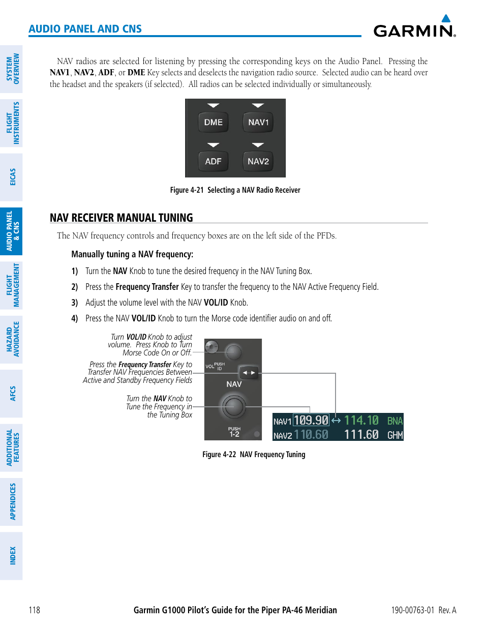 Nav receiver manual tuning, Audio panel and cns | Garmin G1000 Piper PA-46 Meridian User Manual | Page 132 / 572