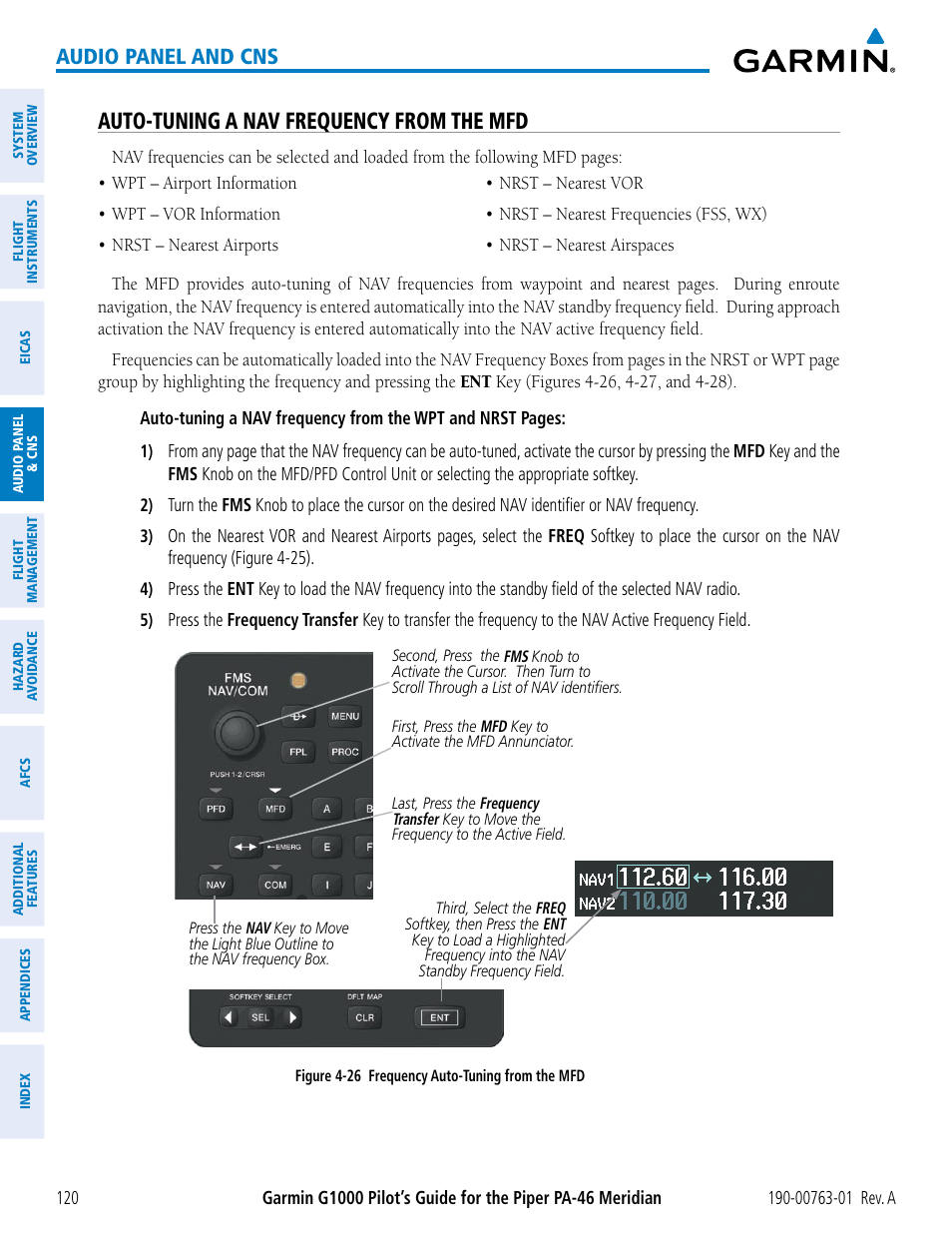 Auto-tuning a nav frequency from the mfd, Audio panel and cns | Garmin G1000 Piper PA-46 Meridian User Manual | Page 134 / 572