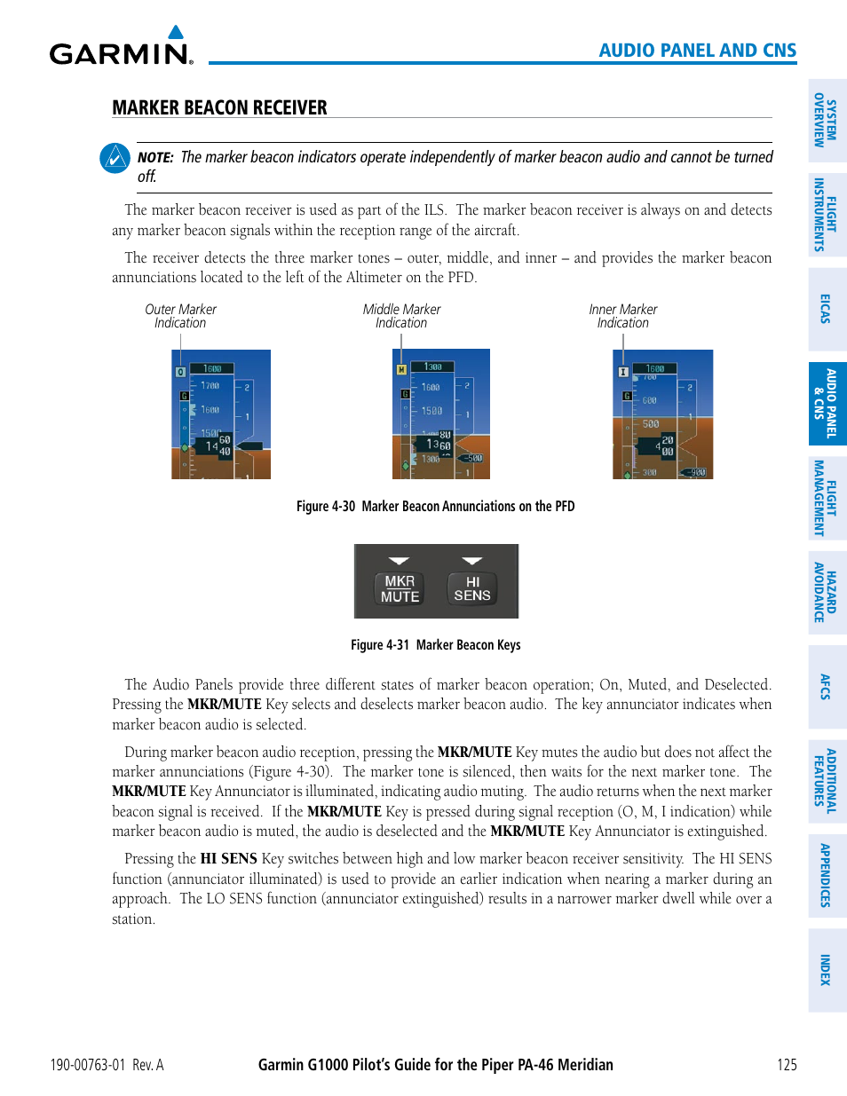 Marker beacon receiver, Audio panel and cns | Garmin G1000 Piper PA-46 Meridian User Manual | Page 139 / 572