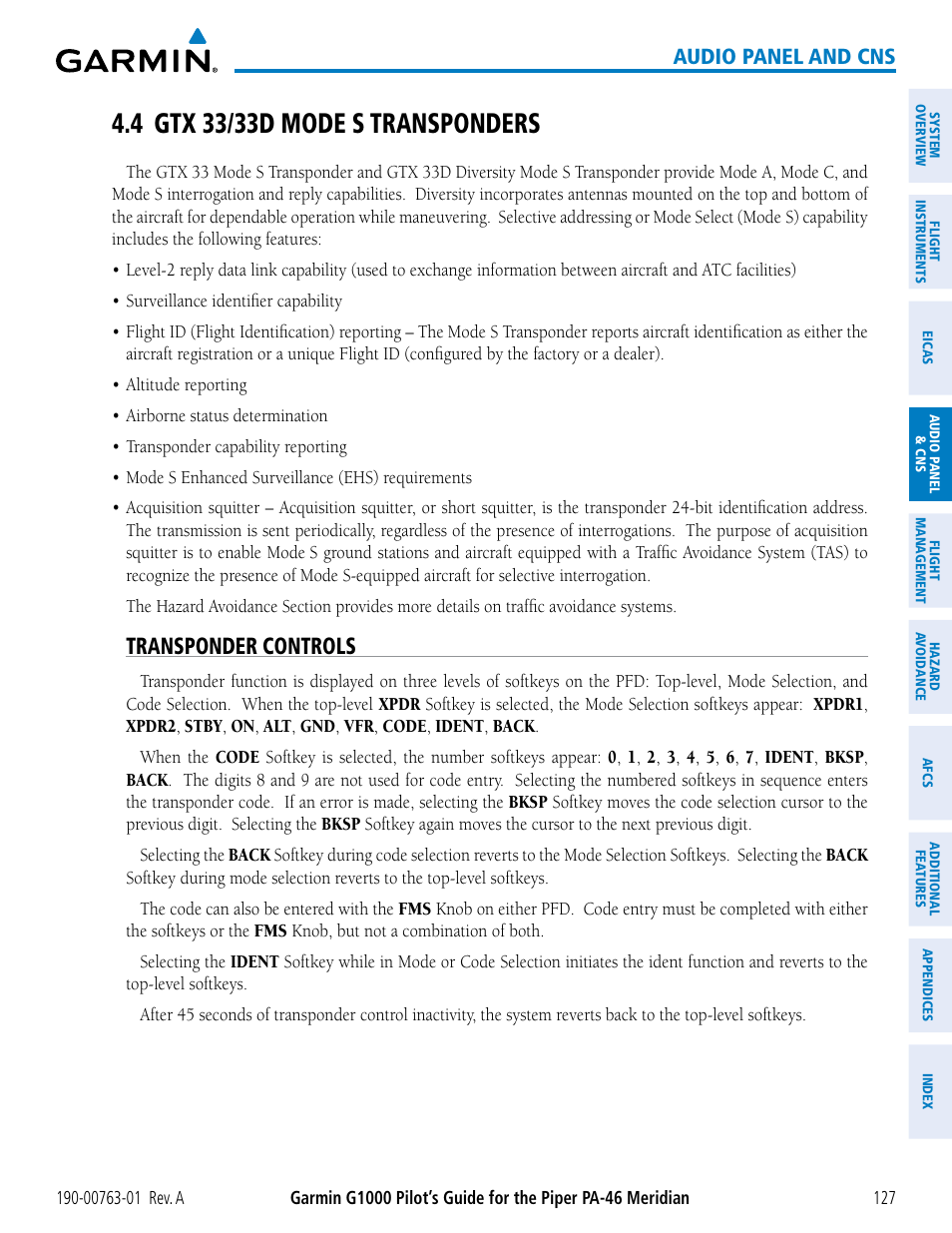 4 gtx 33/33d mode s transponders, Transponder controls, Audio panel and cns | Garmin G1000 Piper PA-46 Meridian User Manual | Page 141 / 572