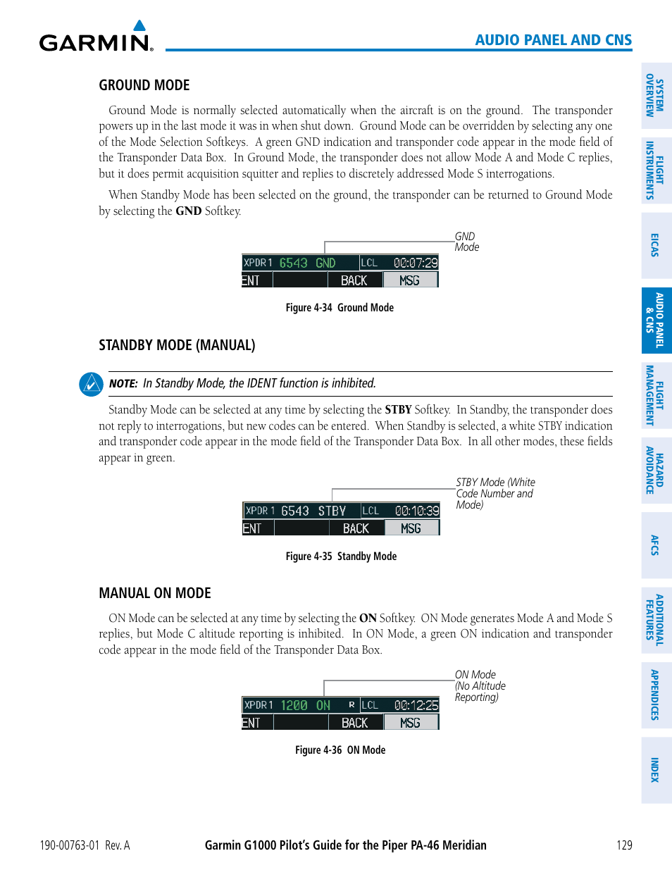 Audio panel and cns, Ground mode, Standby mode (manual) | Manual on mode | Garmin G1000 Piper PA-46 Meridian User Manual | Page 143 / 572