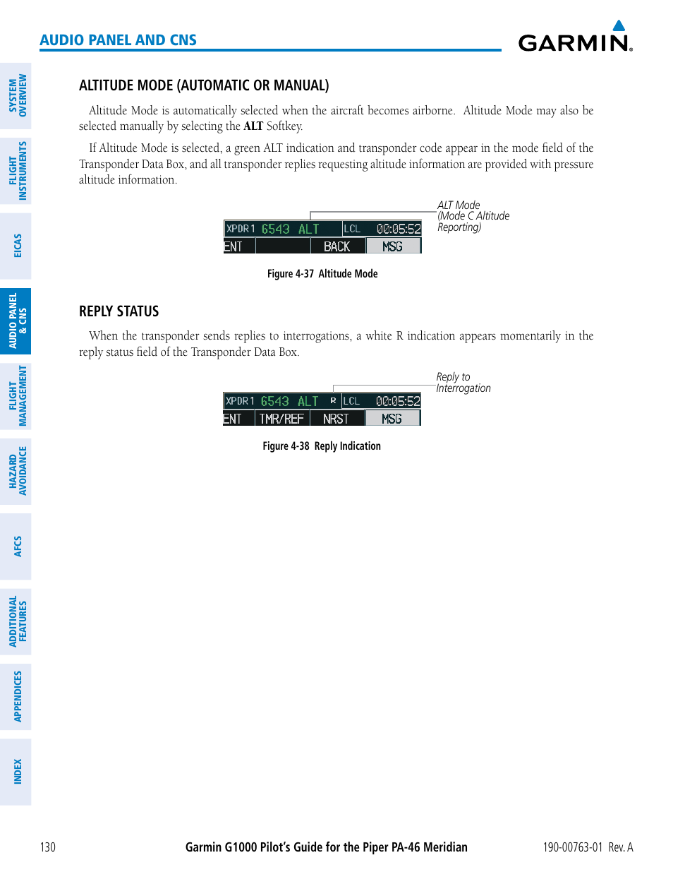 Audio panel and cns, Altitude mode (automatic or manual), Reply status | Garmin G1000 Piper PA-46 Meridian User Manual | Page 144 / 572