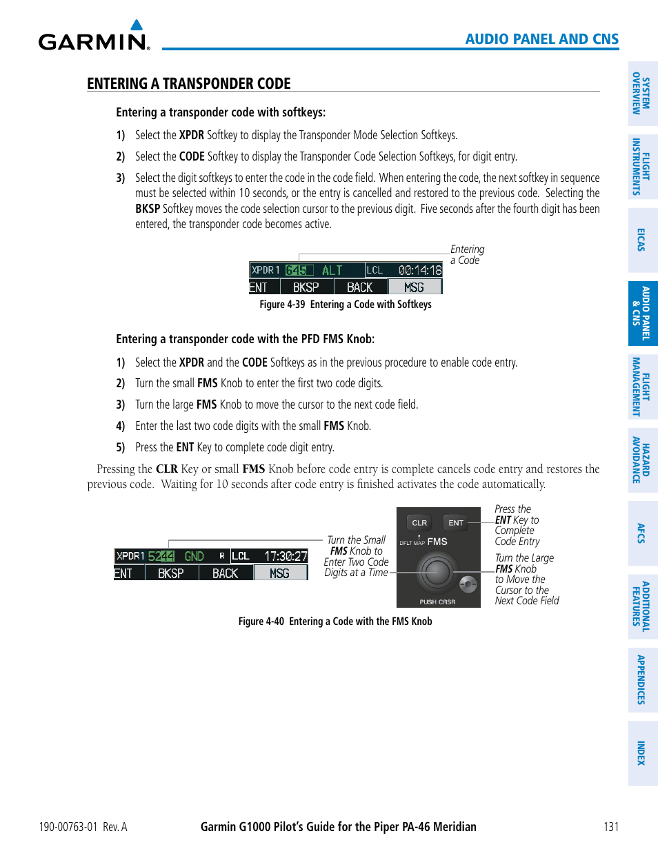 Entering a transponder code, Audio panel and cns | Garmin G1000 Piper PA-46 Meridian User Manual | Page 145 / 572