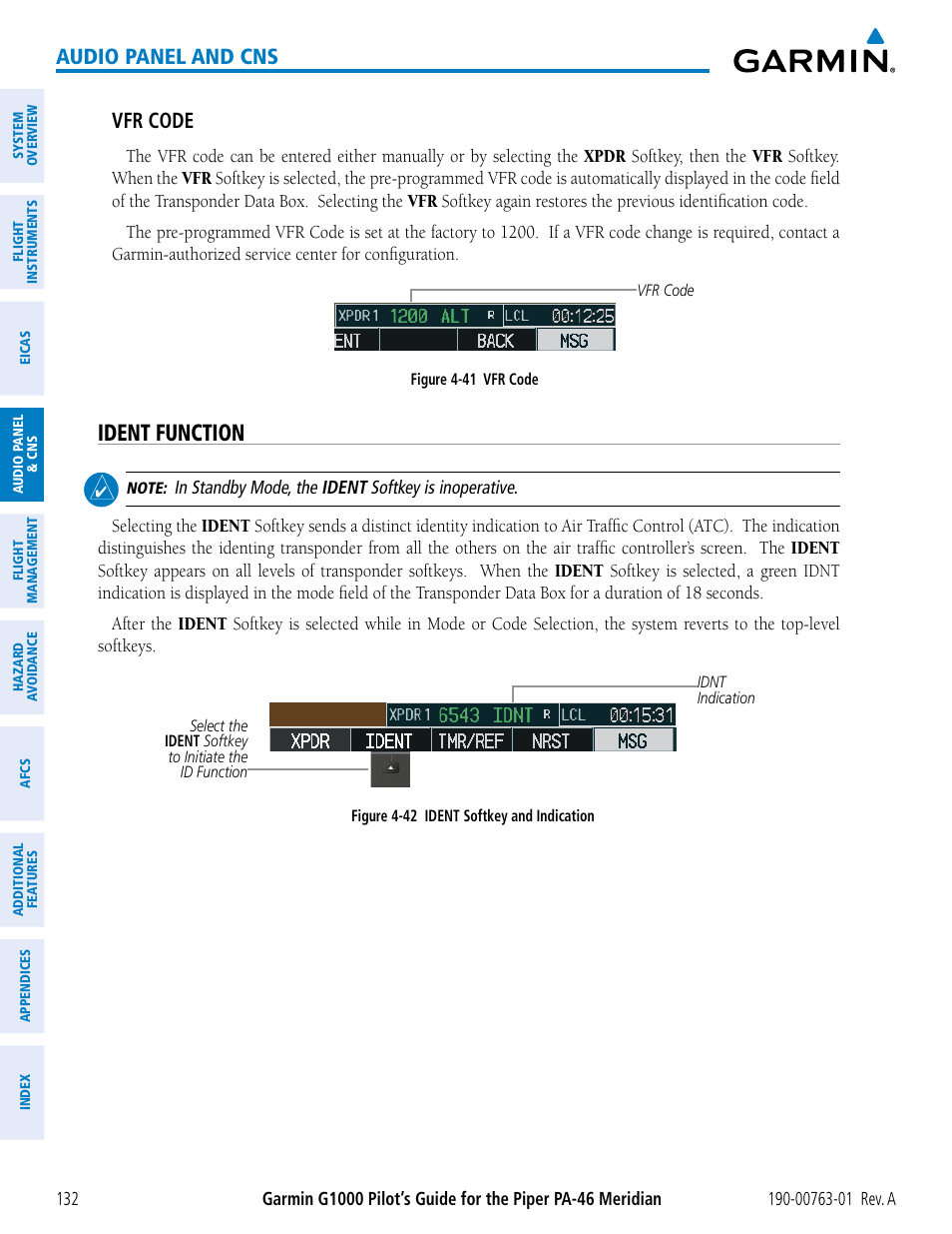 Ident function, Audio panel and cns, Vfr code | Garmin G1000 Piper PA-46 Meridian User Manual | Page 146 / 572