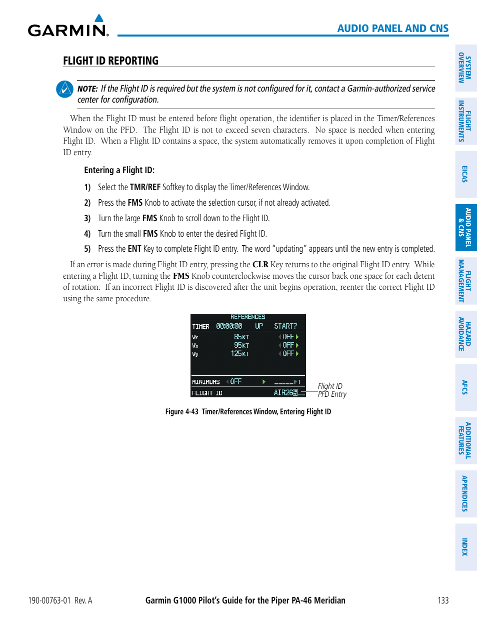 Flight id reporting, Audio panel and cns | Garmin G1000 Piper PA-46 Meridian User Manual | Page 147 / 572