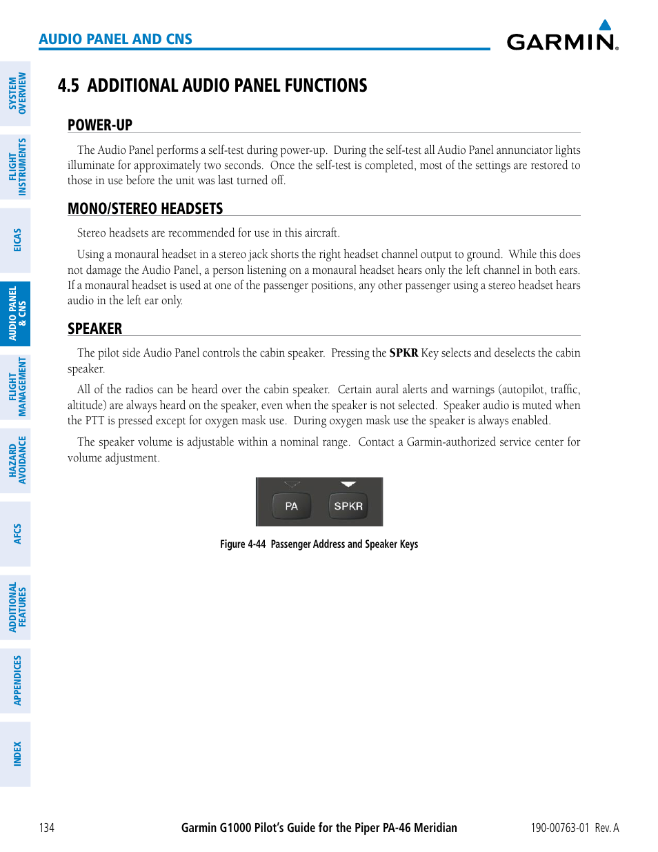 5 additional audio panel functions, Power-up, Mono/stereo headsets | Speaker, Audio panel and cns | Garmin G1000 Piper PA-46 Meridian User Manual | Page 148 / 572