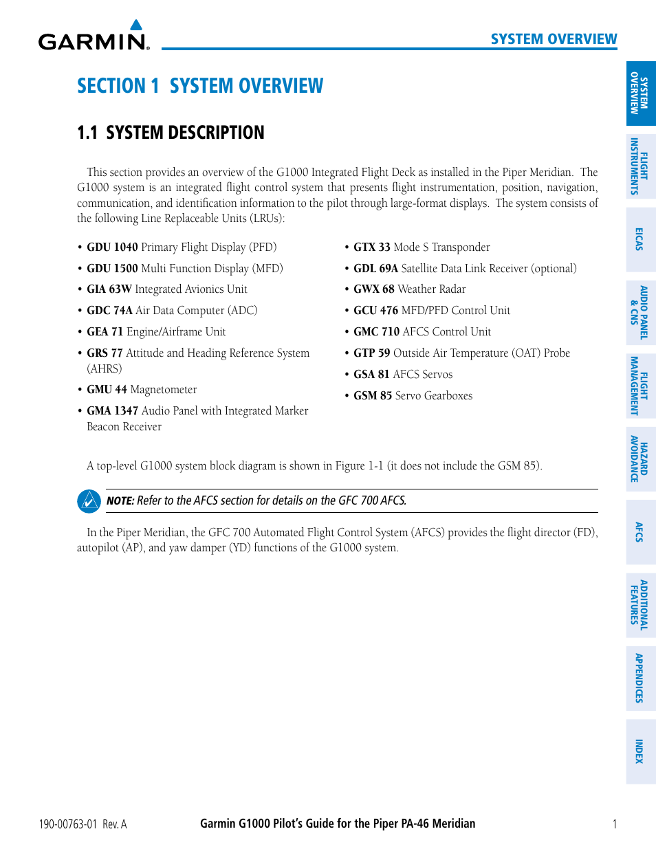 Section 1 system overview, 1 system description, System overview | Garmin G1000 Piper PA-46 Meridian User Manual | Page 15 / 572