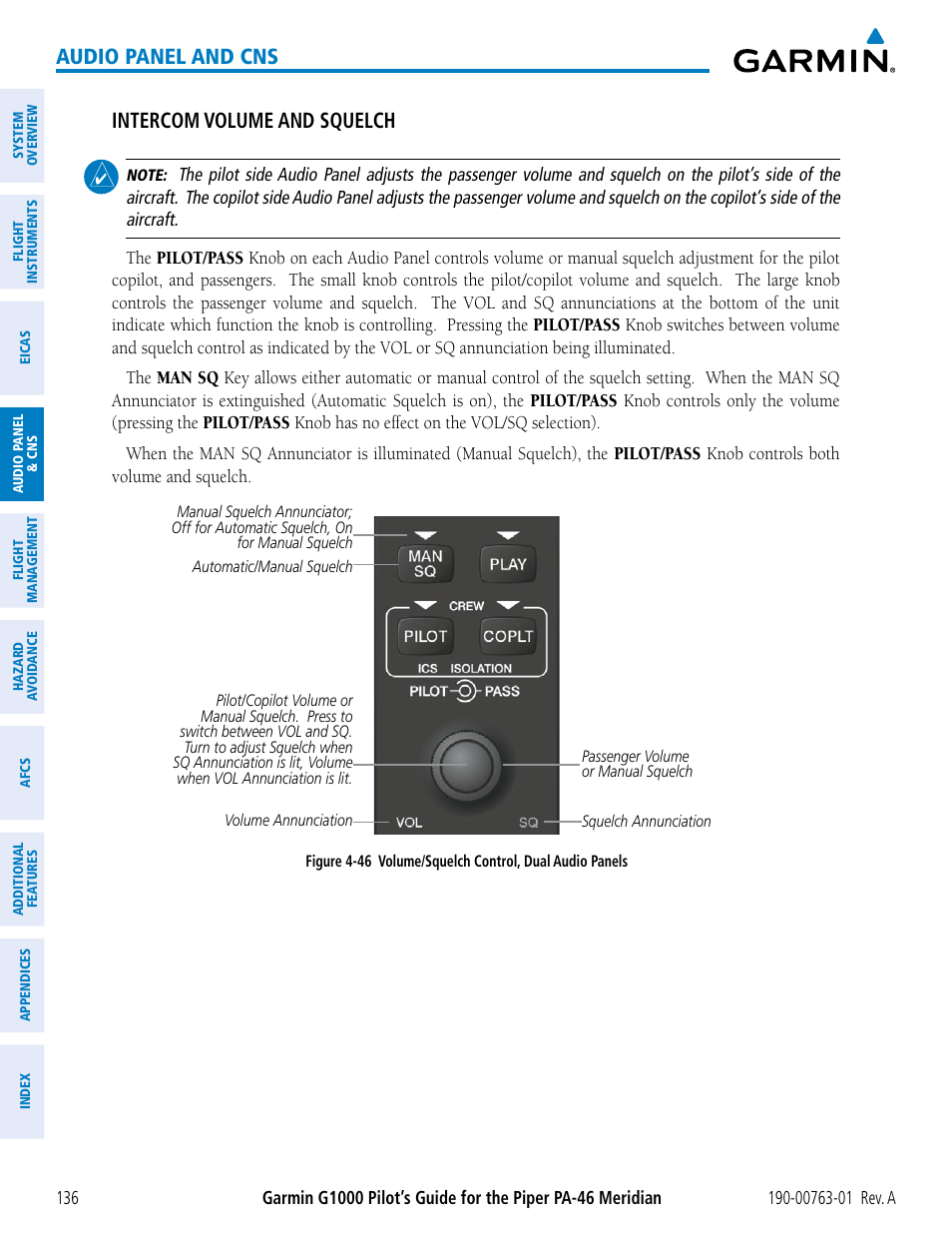 Audio panel and cns, Intercom volume and squelch | Garmin G1000 Piper PA-46 Meridian User Manual | Page 150 / 572