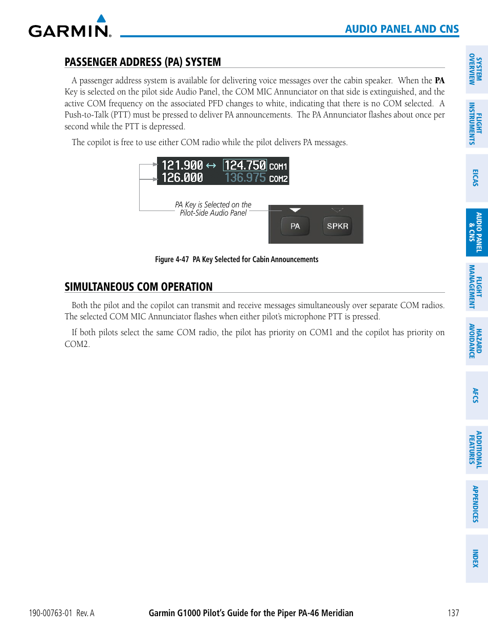 Passenger address (pa) system, Simultaneous com operation, Audio panel and cns | Garmin G1000 Piper PA-46 Meridian User Manual | Page 151 / 572