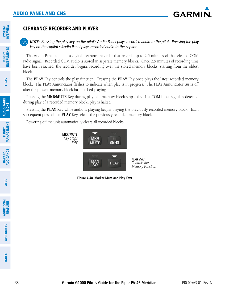 Clearance recorder and player, Audio panel and cns | Garmin G1000 Piper PA-46 Meridian User Manual | Page 152 / 572