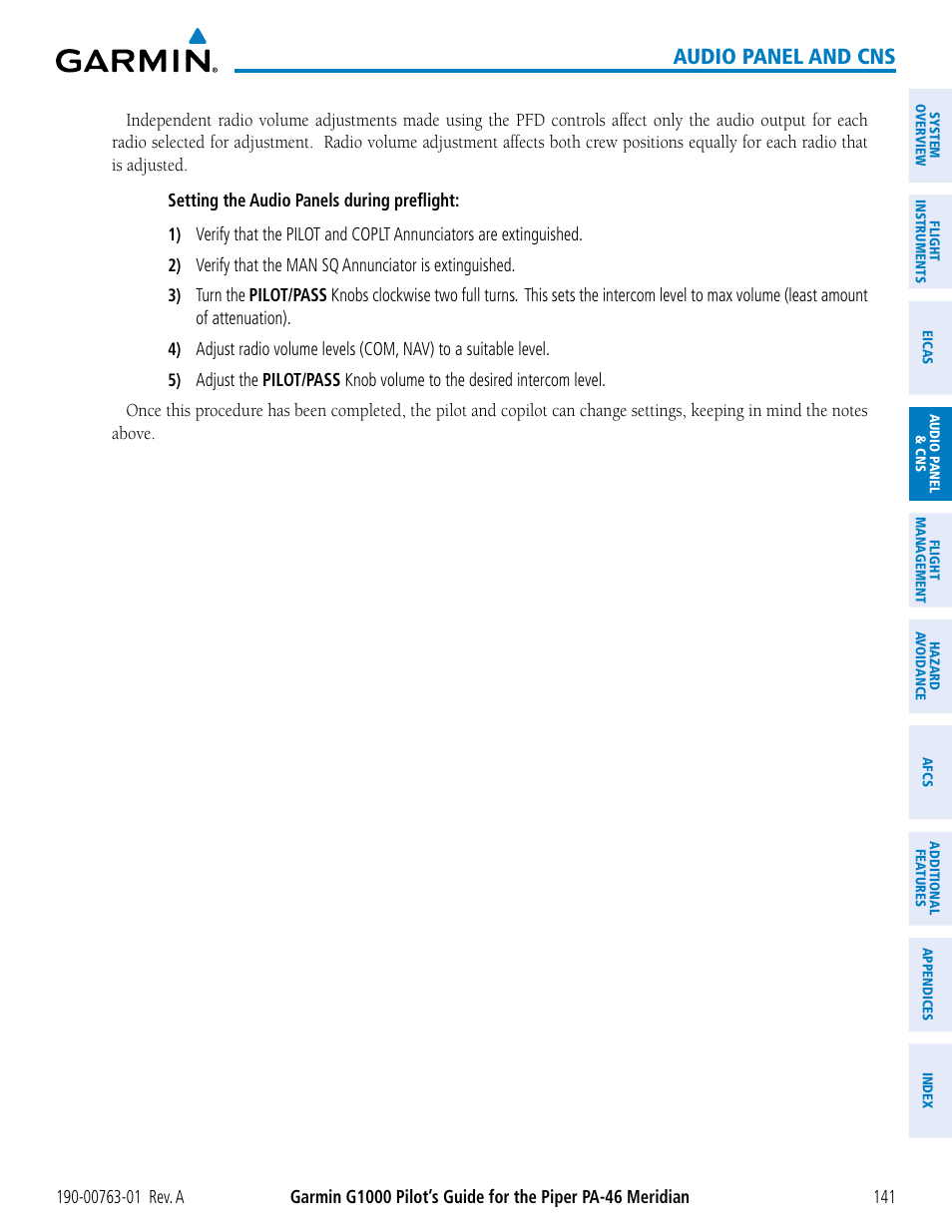 Audio panel and cns | Garmin G1000 Piper PA-46 Meridian User Manual | Page 155 / 572
