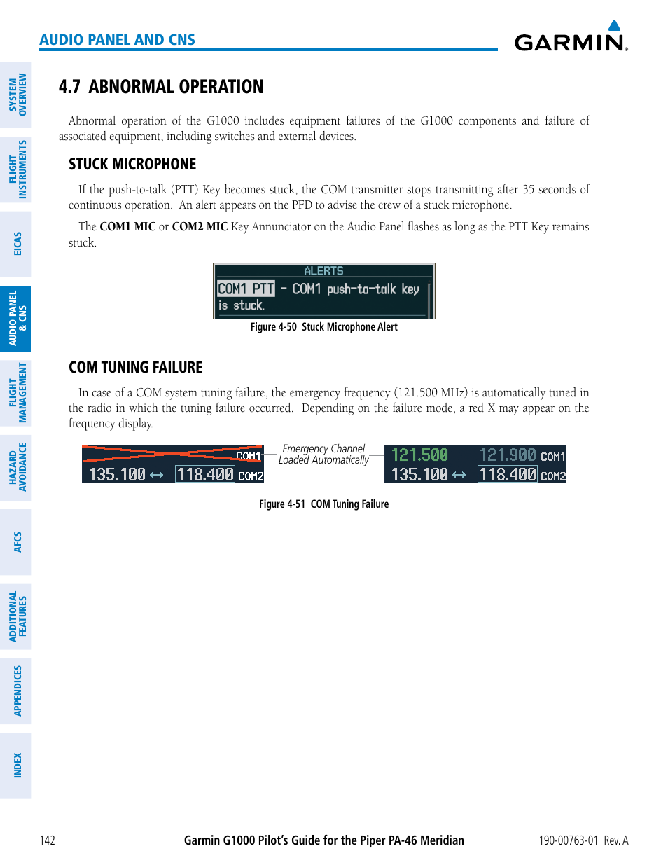 7 abnormal operation, Stuck microphone, Com tuning failure | Audio panel and cns | Garmin G1000 Piper PA-46 Meridian User Manual | Page 156 / 572