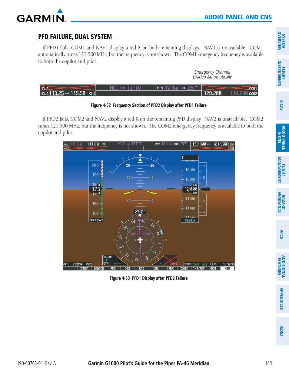 Pfd failure, dual system, Audio panel and cns | Garmin G1000 Piper PA-46 Meridian User Manual | Page 157 / 572