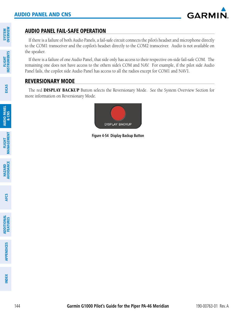 Audio panel fail-safe operation, Reversionary mode, Audio panel and cns | Garmin G1000 Piper PA-46 Meridian User Manual | Page 158 / 572