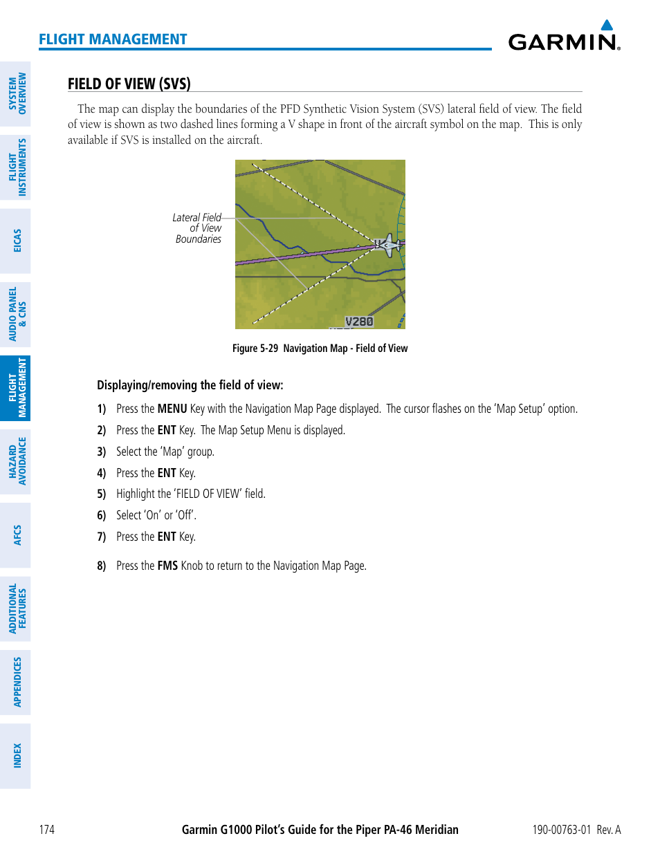 Field of view (svs), Flight management | Garmin G1000 Piper PA-46 Meridian User Manual | Page 188 / 572