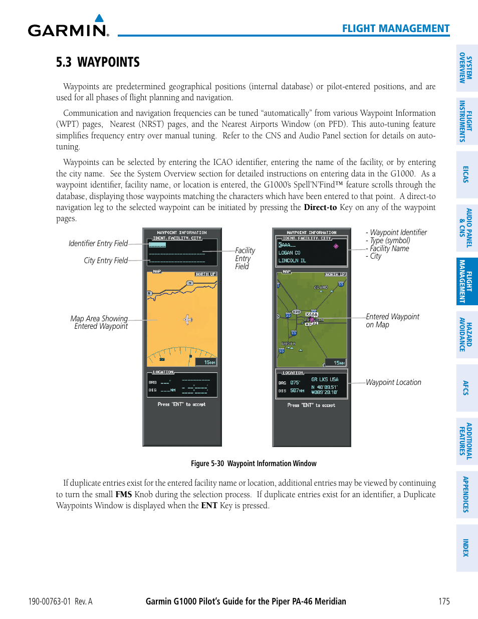 3 waypoints, Flight management | Garmin G1000 Piper PA-46 Meridian User Manual | Page 189 / 572