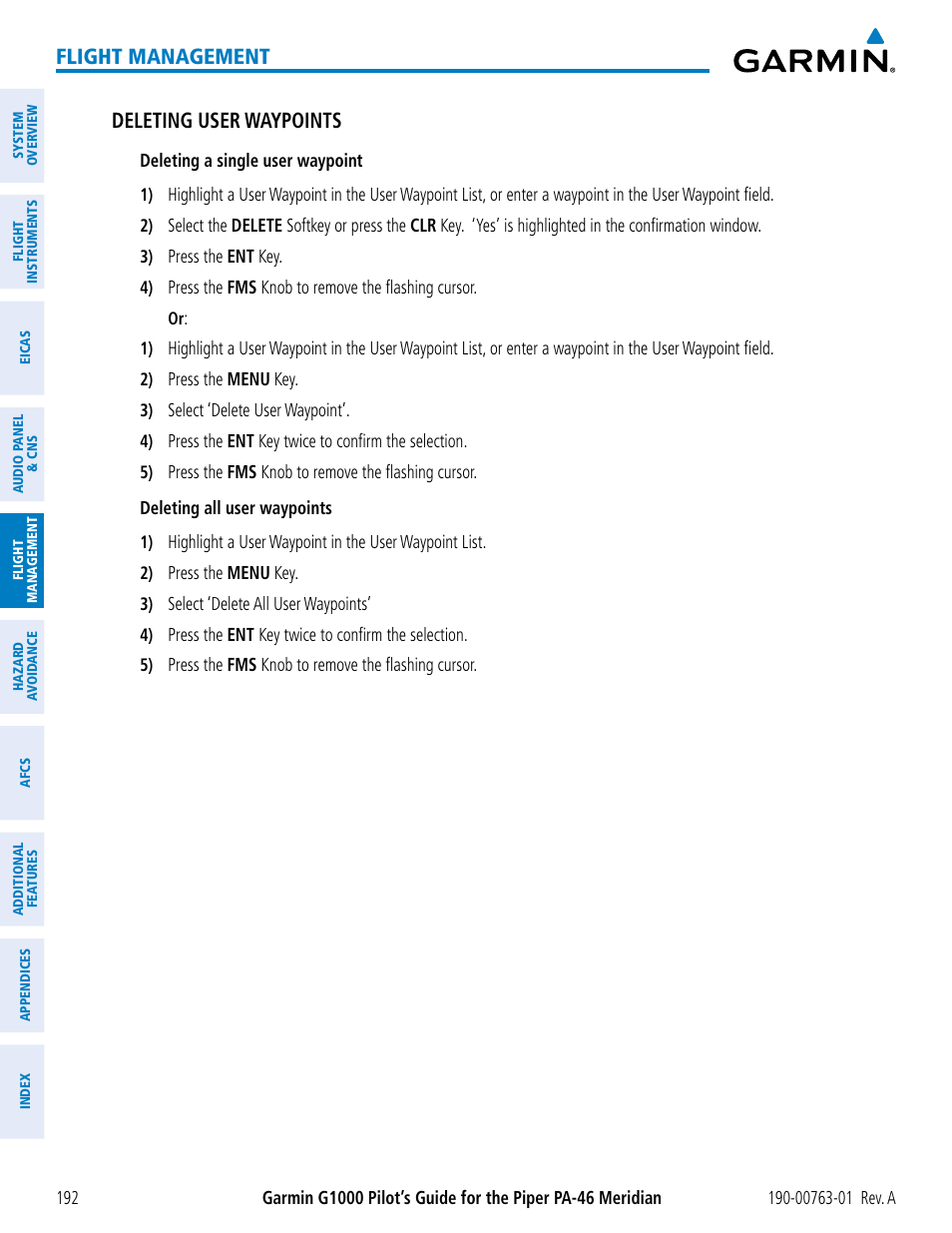 Flight management, Deleting user waypoints | Garmin G1000 Piper PA-46 Meridian User Manual | Page 206 / 572