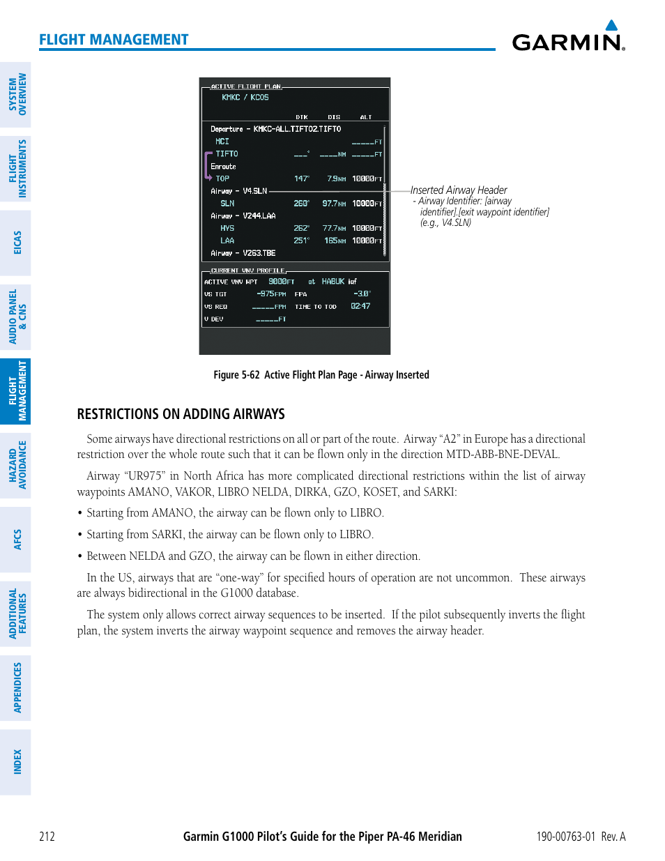 Flight management, Restrictions on adding airways | Garmin G1000 Piper PA-46 Meridian User Manual | Page 226 / 572