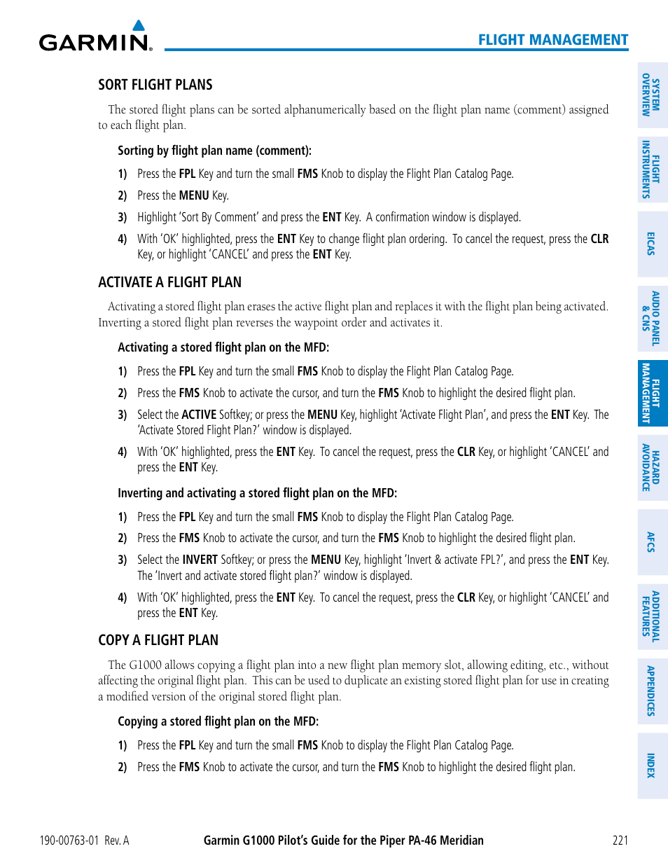 Flight management, Sort flight plans, Activate a flight plan | Copy a flight plan | Garmin G1000 Piper PA-46 Meridian User Manual | Page 235 / 572