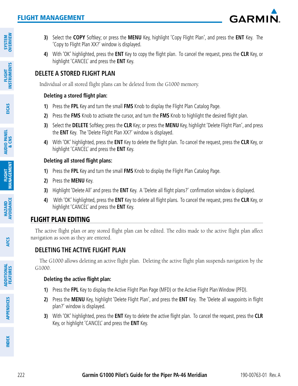 Flight plan editing, Flight management, Delete a stored flight plan | Deleting the active flight plan | Garmin G1000 Piper PA-46 Meridian User Manual | Page 236 / 572