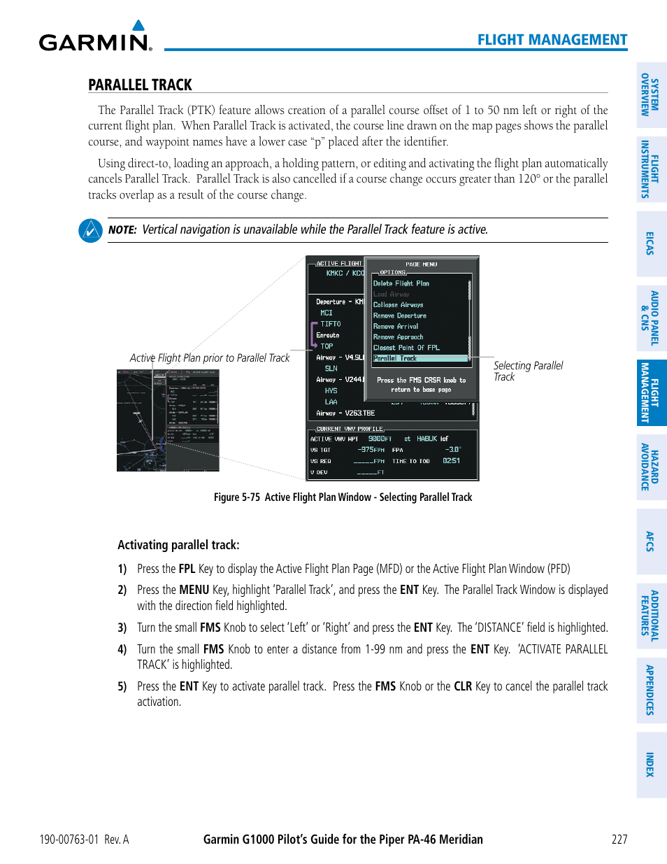 Parallel track, Flight management | Garmin G1000 Piper PA-46 Meridian User Manual | Page 241 / 572